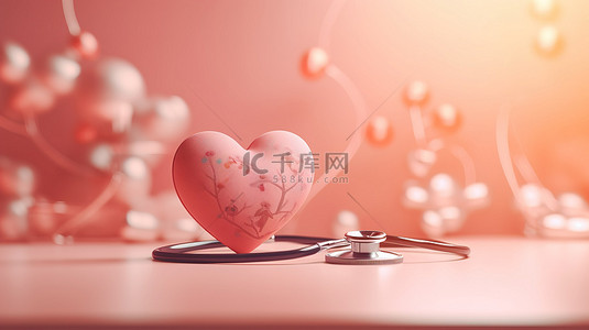家庭清理背景图片_3D 渲染插图的粉红色桌子上的听诊器与红心