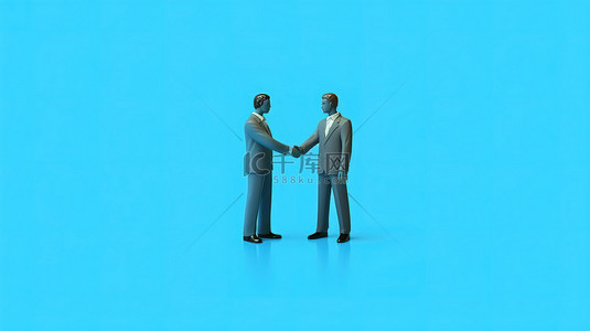 生意商务背景图片_蓝色背景 3D 渲染两位商务专业人士通过握手达成协议