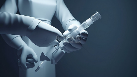 卡通医生戴着手套，在 3d 中进行注射器疫苗接种