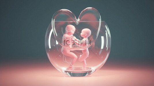 3D 渲染中的心形元素，妈妈透过玻璃温柔地拍打婴儿