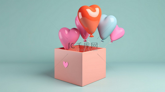 情侣爱心气球背景图片_漂浮着 3D 渲染气球的情人节礼品盒装饰品