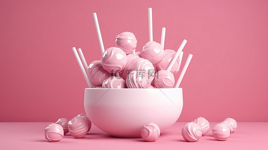 美食背景图片_白色陶瓷锅，带有一组粉红色棒棒糖，在粉红色背景中以 3d 呈现