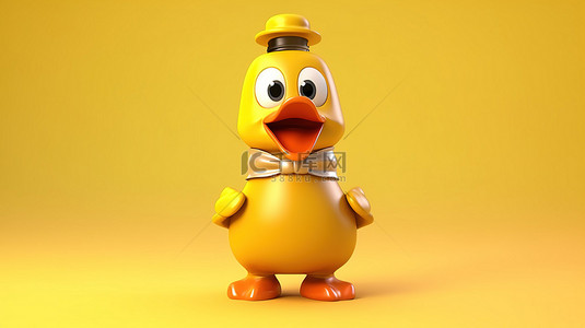 3D 渲染的吉祥物，是一个可爱的卡通黄鸭人，黄色背景上有一个老式的金色校钟
