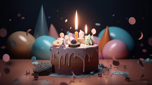 3d 渲染柔和的生日蛋​​糕与蜡烛完美的生日派对横幅