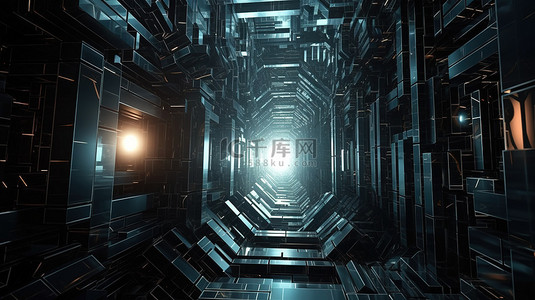 科技感背景黑背景图片_3D 抽象渲染中的未来隧道，具有混沌立方体和科幻管道