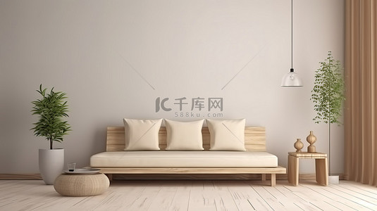简约的日式客厅，配有奶油色木质沙发和 3D 干植物装饰
