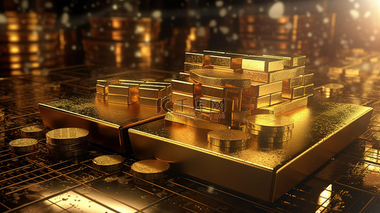 银行背景图片_财富和金融金条和货币象征着宝藏3D渲染背景下的繁荣