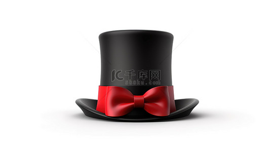 黑色圆筒魔术师帽子的 3D 渲染，带有醒目的红丝带，白色背景隔离
