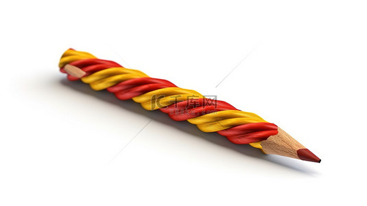 红色和黄色的木铅笔扭曲在一起，隔离在 3D 渲染的白色背景上