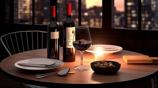 亲密的用餐体验 一张两人餐桌的 3D 渲染图，配有一瓶红酒