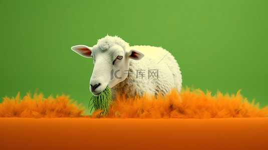 草原放牧背景图片_橙色背景 eid adha 概念年轻的白羊在 3d 渲染的绿草上放牧