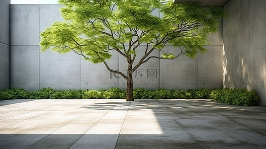 家庭庭院背景图片_宁静庭院的 3D 渲染，在坚固的混凝土外壳内设有宽敞的绿色草坪和参天大树