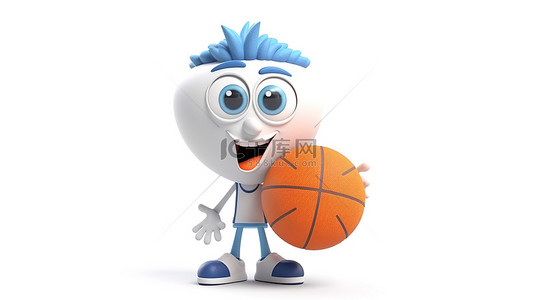 白色背景的可爱 3D 卡通篮球吉祥物玩具非常适合体育迷