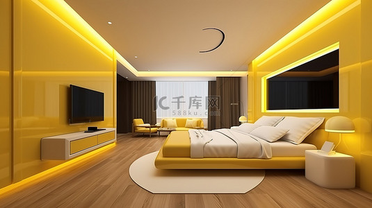 酒店内带电视的豪华黄色卧室套房的令人惊叹的 3D 渲染