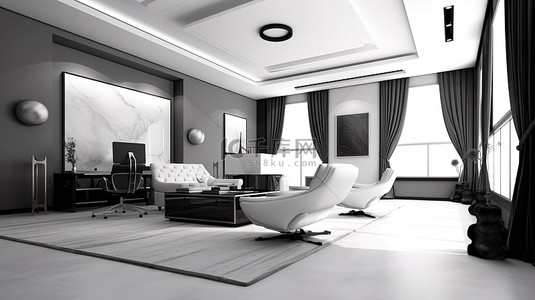 当代工作空间的 3D 渲染融合了经典和现代设计元素，配有白色桌子和灰色地毯地板