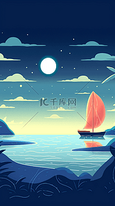 帆船卡通背景图片_海平面帆船夜晚白云月亮卡通插画背景