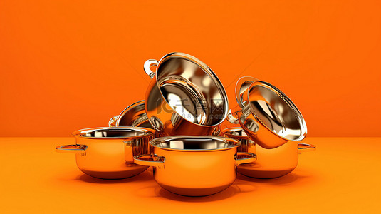 充满活力的橙色背景上的 3D 渲染单色煎锅