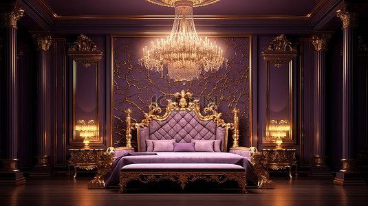 豪华紫色色调卧室的 3D 插图，配有带有金色图案的华丽家具一张宏伟的四海报床和耀眼的金色枝形吊灯