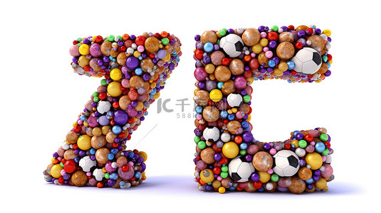 形成大写字母 z 字体的足球集合的 3d 渲染
