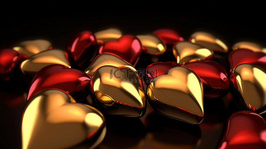 3d 渲染中的一簇金色和猩红色的心