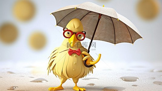 小鸡打针背景图片_愚蠢的 3d 小鸡穿着西装，打着伞