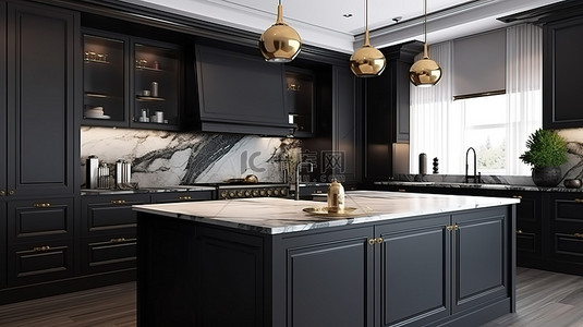 时尚融合现代风格的经典厨房设计，配有缟玛瑙橱柜和优雅的白色大理石装饰 3D 渲染