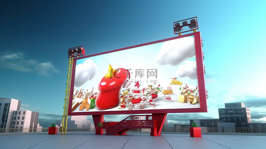 用于广告 3D 插图的圣诞节主题红色广告牌