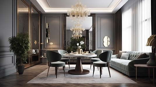 豪华的现代餐厅和客厅，装饰典雅，配有令人惊叹的 3D 渲染的毛绒布艺沙发