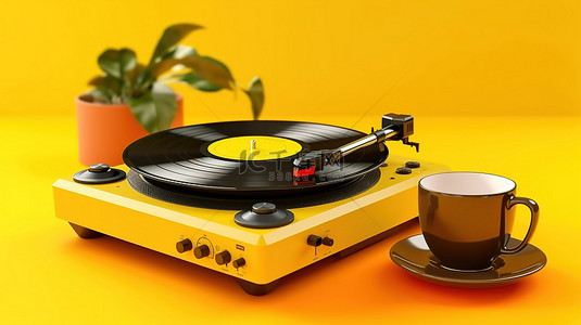 黄色背景，带有专业 DJ 转盘黑胶唱片播放器耳机和咖啡杯的 3D 渲染