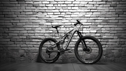 公路自行车背景图片_用 3D 图形创建的单色山地自行车靠在砖墙上