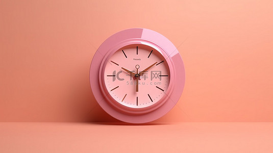 办公室时钟图标中带有小时和分钟箭头的粉色商务手表的 3D 渲染