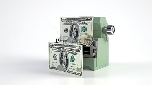 将社交媒体转变为可盈利的企业 3D 渲染现金生成机，白色背景上有钞票