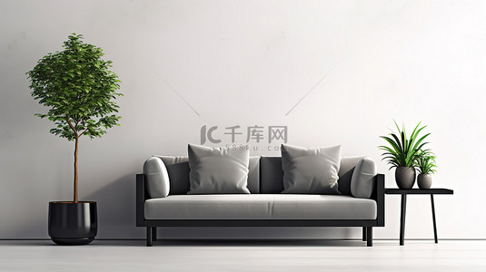 墙背景图片_放大查看明亮的房间里光滑的黑色沙发和现代金属咖啡桌，房间里有混凝土地板和白色墙壁，空墙样机 3D 渲染