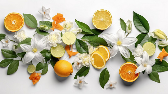 白色背景 3D 渲染柑橘类水果叶子和花朵的平躺组合物