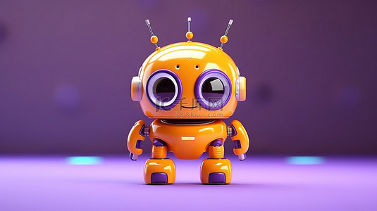 3D 渲染的橙色机器人玩具在充满活力的紫色背景下完美适合儿童游乐场