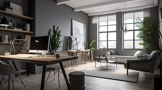 现代客厅明亮的工作区，令人惊叹的 3D 渲染，配有笔记本电脑和办公桌
