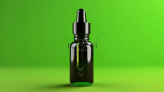 绿色背景上空白标记的黑油滴管瓶的 3D 渲染