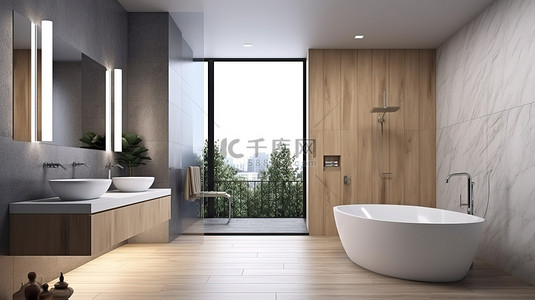 淋浴浴室背景图片_当代浴室设计白色石头和木材 3d 渲染