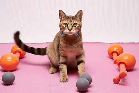 一只猫躺在粉色垫子和橡胶玩具上