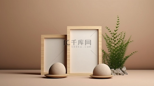 草木背景背景图片_用于创意产品展示的草木框架模型的 3D 渲染