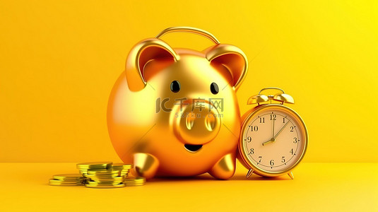 时间的闹钟背景图片_欢快的闹钟吉祥物，配有存钱罐和闪亮的美元硬币，在 3D 渲染的充满活力的黄色环境中
