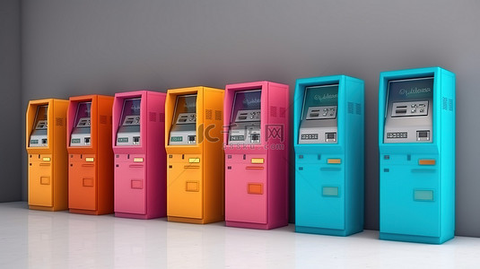 银行柜员背景图片_通过 3D 渲染可视化的 ATM 机彩虹阵容