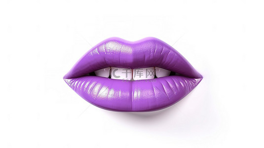 使用 3D 软件创建的白色背景下，一个女人涂着紫色口红的嘴唇，摆出接吻的姿势