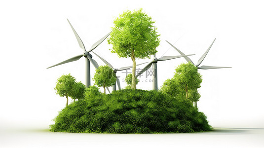 可持续能源 3D 渲染风力涡轮机地球仪和白色背景上的树