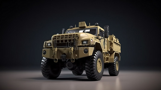 白色背景上一辆孤立的军​​用卡车的 3D 渲染插图
