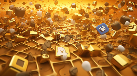 金色背景与自由落体社交网络图标令人惊叹的 3D 渲染