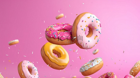 蛋糕店广告背景图片_空中甜甜圈 3D 渲染的甜甜圈框架，带有复制空间，非常适合面包店广告
