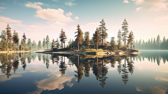 令人惊叹的 3D 渲染森林倒映在宁静的湖水中