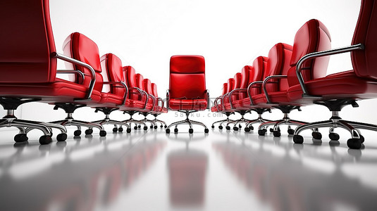 企业聚会白色背景，配有红色皮革行政椅和其他座椅 3D 渲染