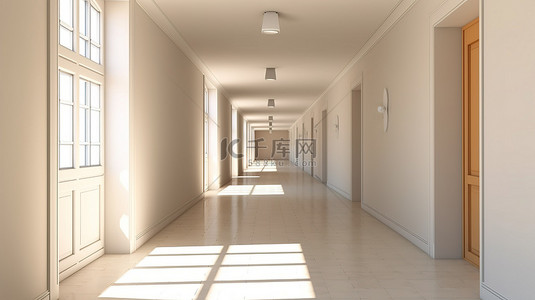 学校背景图片_明亮的内部学校走廊的 3D 渲染，具有充足的复制空间